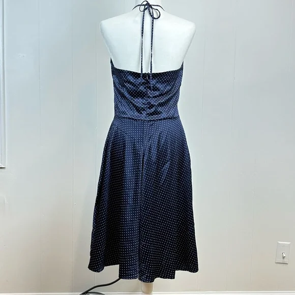 Alyn Paige Navy Satin Polka Dot Halter Dress Sz 10 - Picture 3 of 7